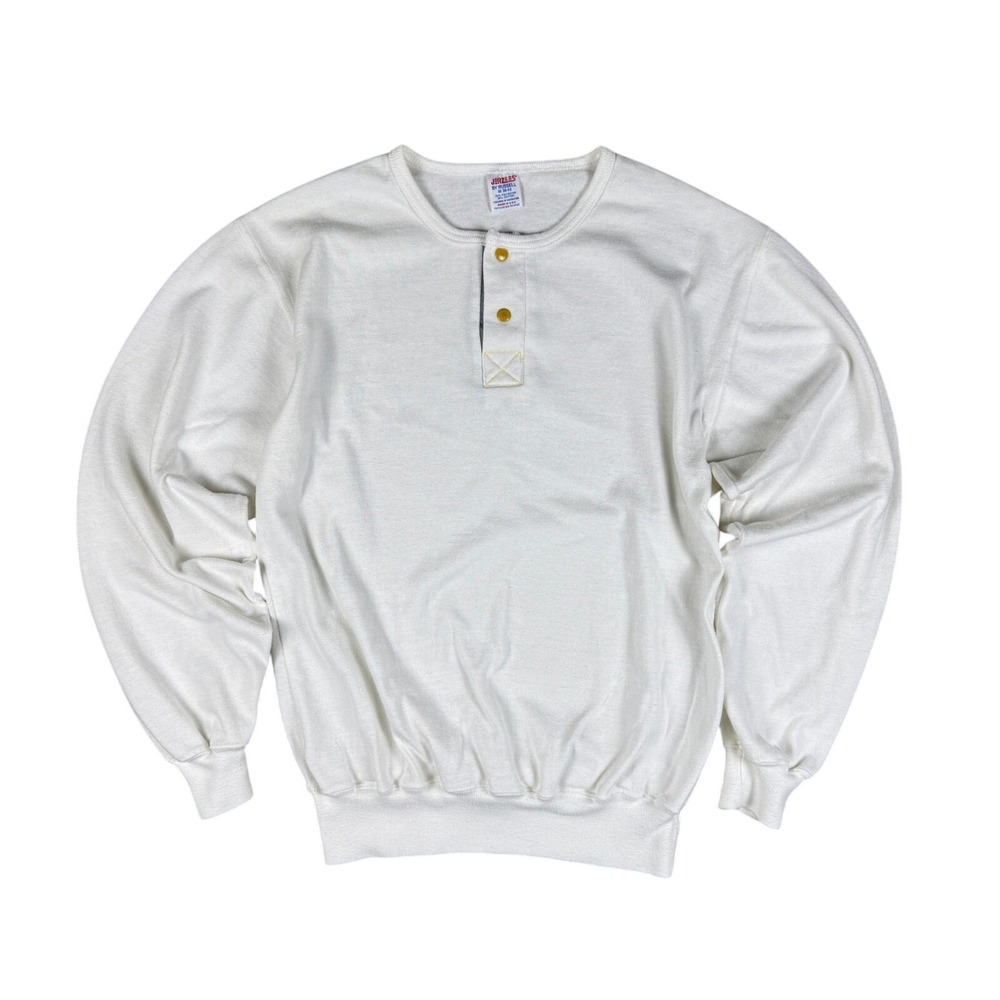 Vtg Rare Jerzees Henley Sweatshirt Mens M (Fits S) White USA Made Snap Button